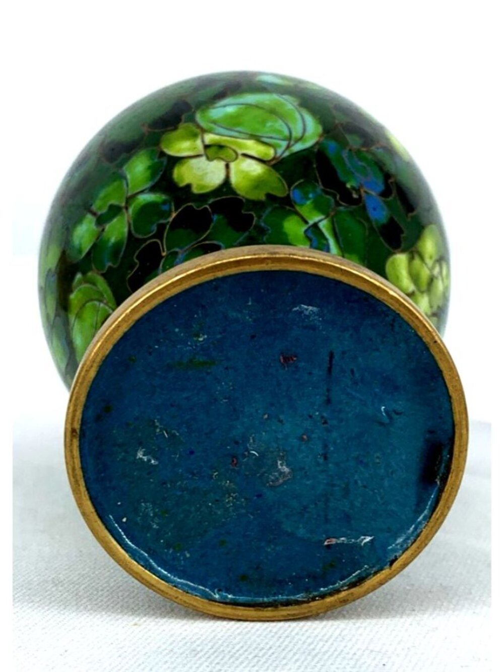 Cloisonne Vase Green Floral 5" Enamel over Brass Vintage - Picture 6 of 6